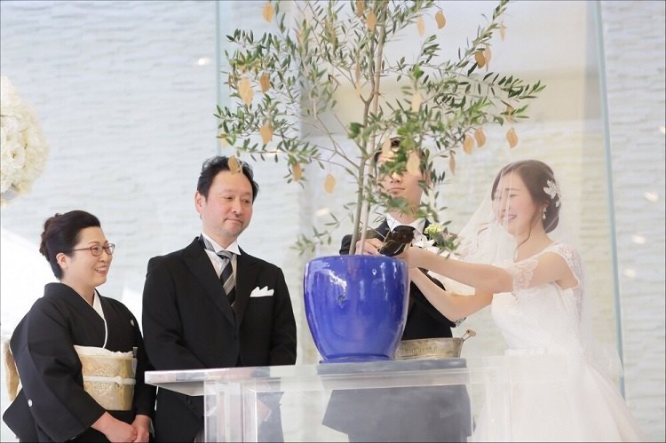 結婚証明ツリーの植木鉢に土を入れる土合わせの儀